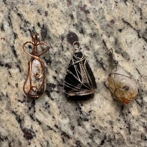 Lot of 3 Wire Wrapped Stone Crystal Pendant Obsidian Citrine